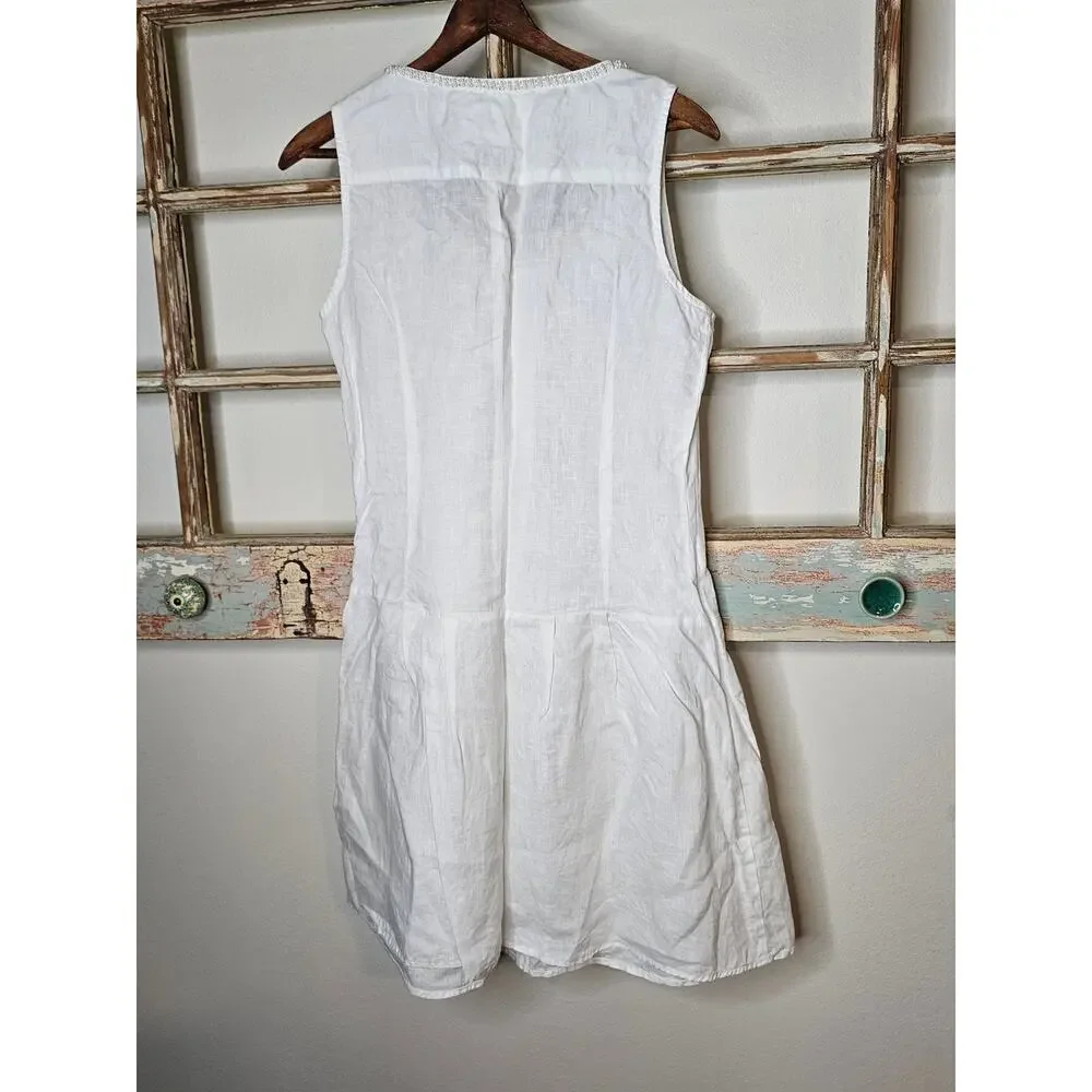 Linen Dress White Drop Waist Pearl Accents by Malvin Germany Ladies size Small - Picture 9 of 11